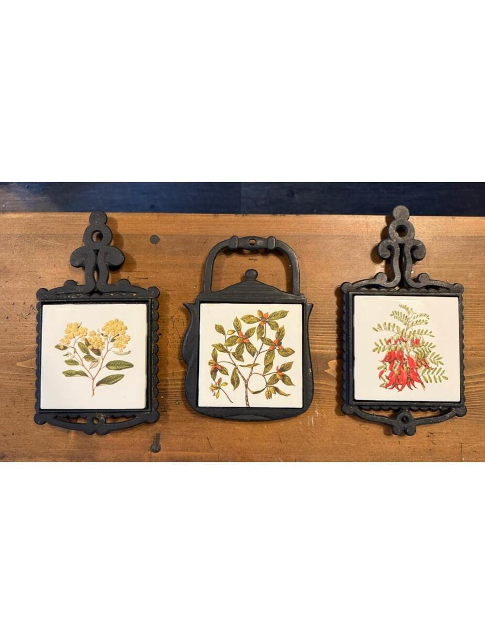 Vintage MCM Cast Iron Tile Trivets botanical; kitchen, country, wall Decor